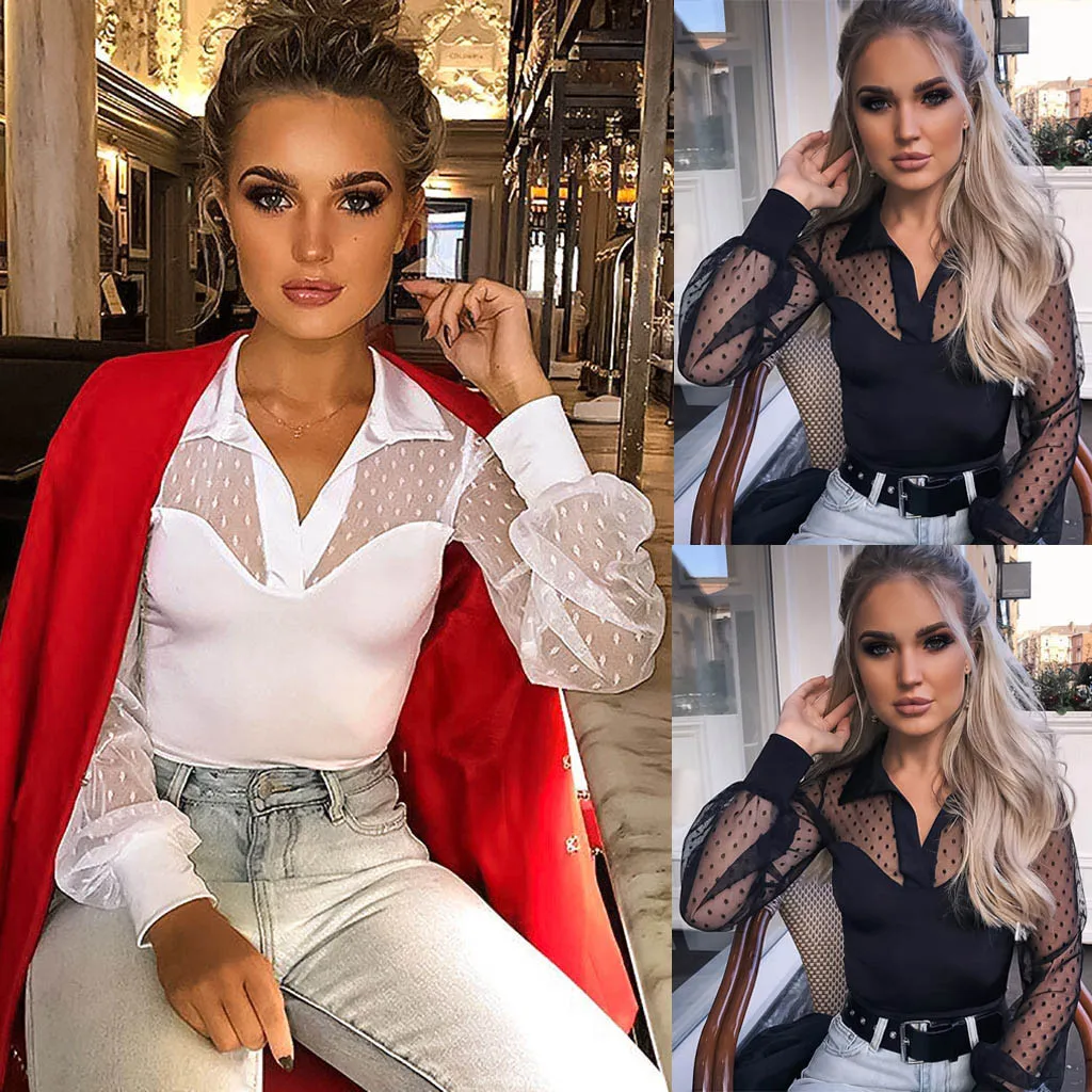 Women Casual Lantern Sleeve Dot Printed Perspective Tops Blouse Shirts Long Sleeves Mesh Lace Patchwork Turn-down Collar Fashion
Women Casual Lantern Sleeve Dot Printed Perspective Tops Blouse Shirts Long Sleeves Mesh Lace Patchwork Turn-down Collar Fashion