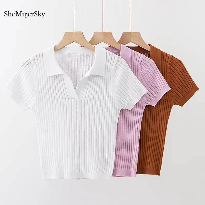 SheMujerSky Knitted Polo Shirt Women 