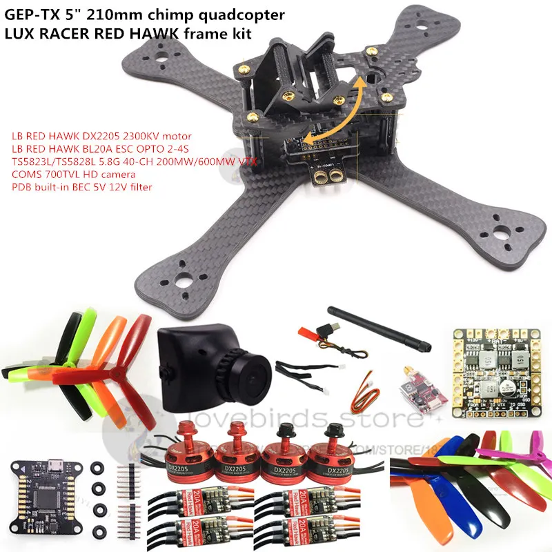 DIY FPV mini drone GEPRC GEP-TX 5" 210mm LUX RACER frame kit RED HAWK DX2205 + BL20A ESC + 700TVL CAM +TS5823L/TS5828L
DIY FPV mini drone GEPRC GEP-TX 5" 210mm LUX RACER frame kit RED HAWK DX2205 + BL20A ESC + 700TVL CAM +TS5823L/TS5828L