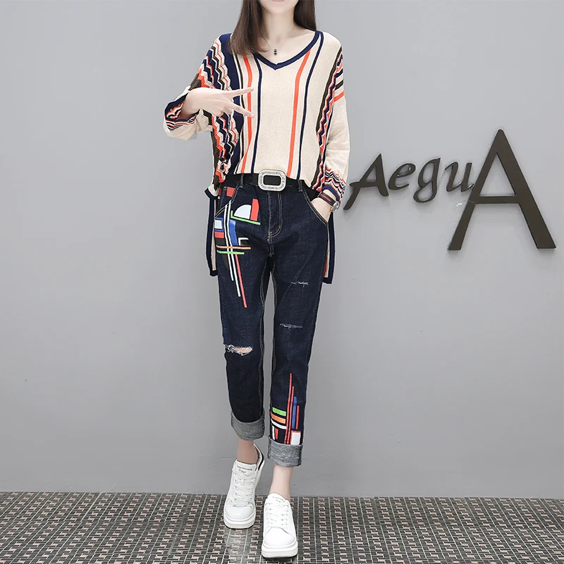 Autumn outfit new large size women long sleeve stripe sweater loose knit top black pants two-piece suits denim jeans plus size
Autumn outfit new large size women long sleeve stripe sweater loose knit top black pants two-piece suits denim jeans plus size