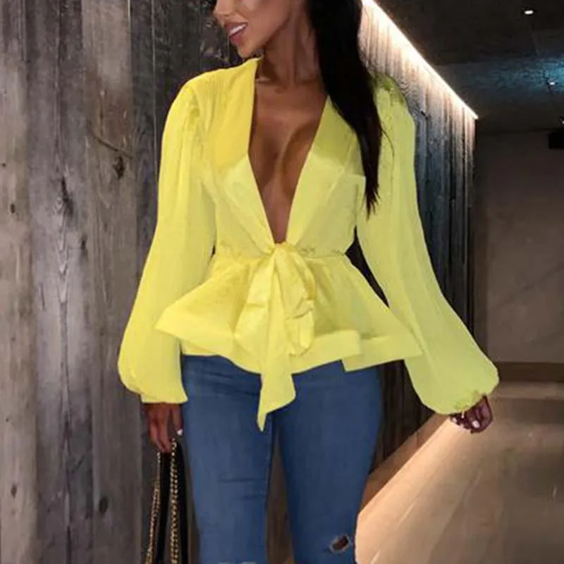 Women Blouse 2019 Fashion Shirts Bow Sashes Peplum Tops For Women Deep v Neck Lantern Sleeve Office Ladies Shirt
Women Blouse 2019 Fashion Shirts Bow Sashes Peplum Tops For Women Deep v Neck Lantern Sleeve Office Ladies Shirt