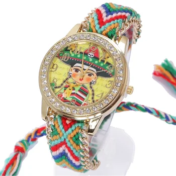 

Geneva Watch Women vintage Mexican Mariachi Ethnic Rhinestone Style dial Fashion wristwatch Lace Gold Chain Braid Reloj