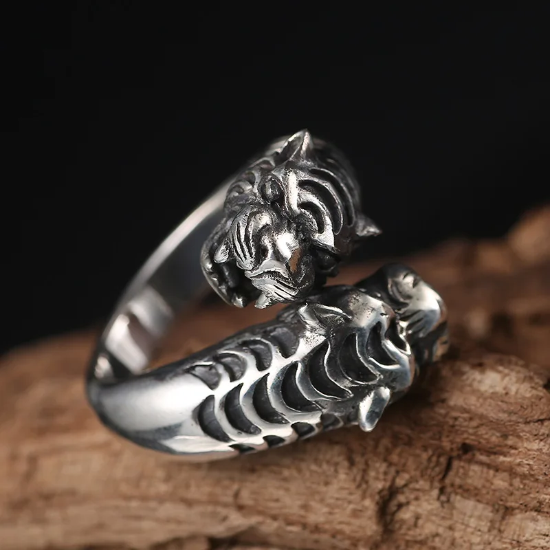 

S925 Sterling Silver Ring Tide Index Finger Leopard Men's Ring Influx Of Fashion Retro Thai Silver Domineering Open Ended Ring