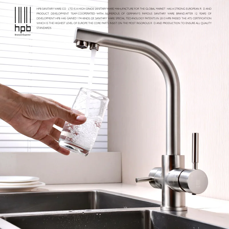 

HPB Brass Chrome Brushed Polished Two Functions Kitchen Sink Mixer Filtered Faucet 2 Holes Drinking Water Tap torneira HP4302