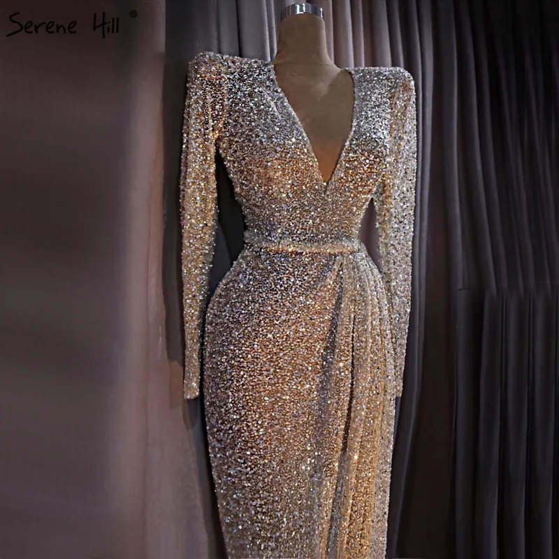 Dubai Luxury Gold Long Sleeves Latest Evening Gown Designs 2021 Beading Sequined Real Photo LA60769 | Свадьбы и торжества