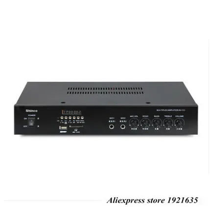 Professional audio amplifier for Public Address System and backgroud music Pmax 100W SD/USB/RADIO/2 MIC
Professional audio amplifier for Public Address System and backgroud music Pmax 100W SD/USB/RADIO/2 MIC