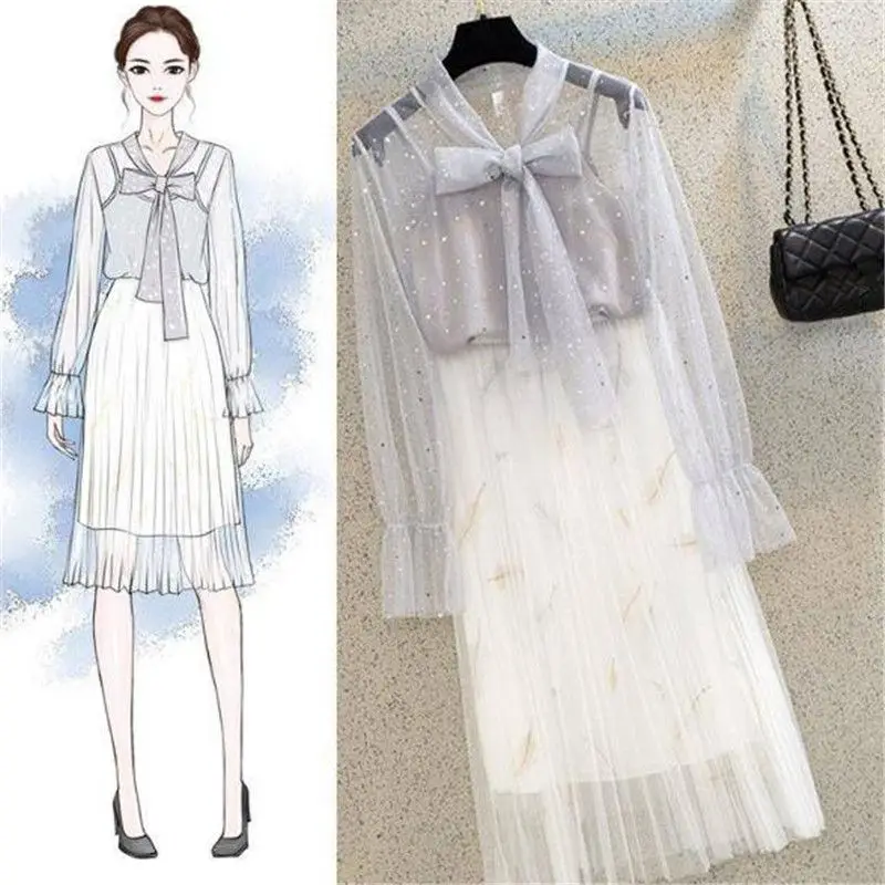 New Summer Women Suits Girls Cute Sequined Hollow Out Blouse + Pleated Mesh Skirt Set Outfits Female Elegant Two Piece Sets F04
New Summer Women Suits Girls Cute Sequined Hollow Out Blouse + Pleated Mesh Skirt Set Outfits Female Elegant Two Piece Sets F04
