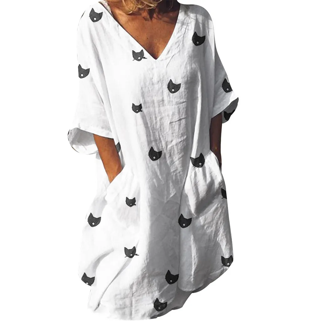 Plus Size V-Neck Summer Clothes For Women White Dress Cat Print Pocket Floral Dresses Shift Mini Daily Printed Dresses #0516
Plus Size V-Neck Summer Clothes For Women White Dress Cat Print Pocket Floral Dresses Shift Mini Daily Printed Dresses #0516