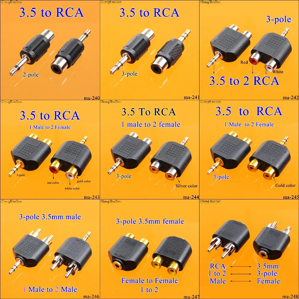 ChengHaoRan 9 types 3.5 mm Male to 2 RCA Female Audio Adapter for Computer Speaker Earphone Headphone Stereo Splitter Connector
ChengHaoRan 9 types 3.5 mm Male to 2 RCA Female Audio Adapter for Computer Speaker Earphone Headphone Stereo Splitter Connector