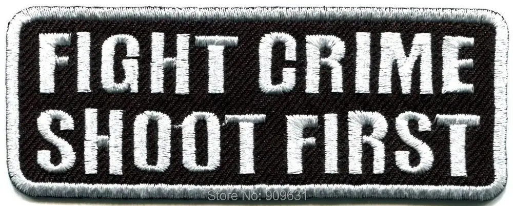 

Fight crime shoot first funny biker slogan rockabilly iron-on patch ~ iron on applique ~ Sew fashion embroidery patches