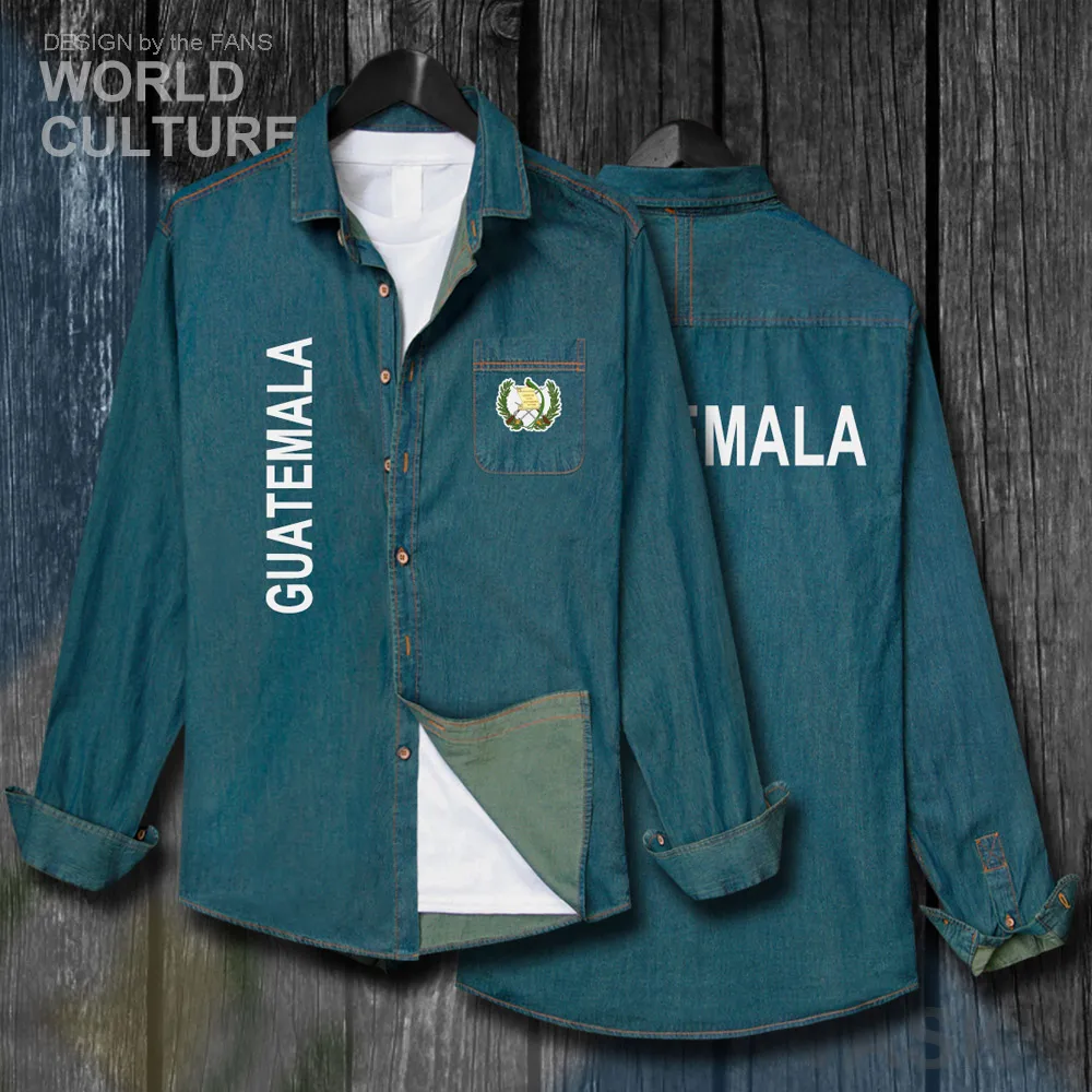 

Republic of Guatemala Guatemalan GTM GT Men Flag Clothes Autumn Long Sleeve Cowboy Coat Turn-down Fashion Collar Jeans Shirt 20