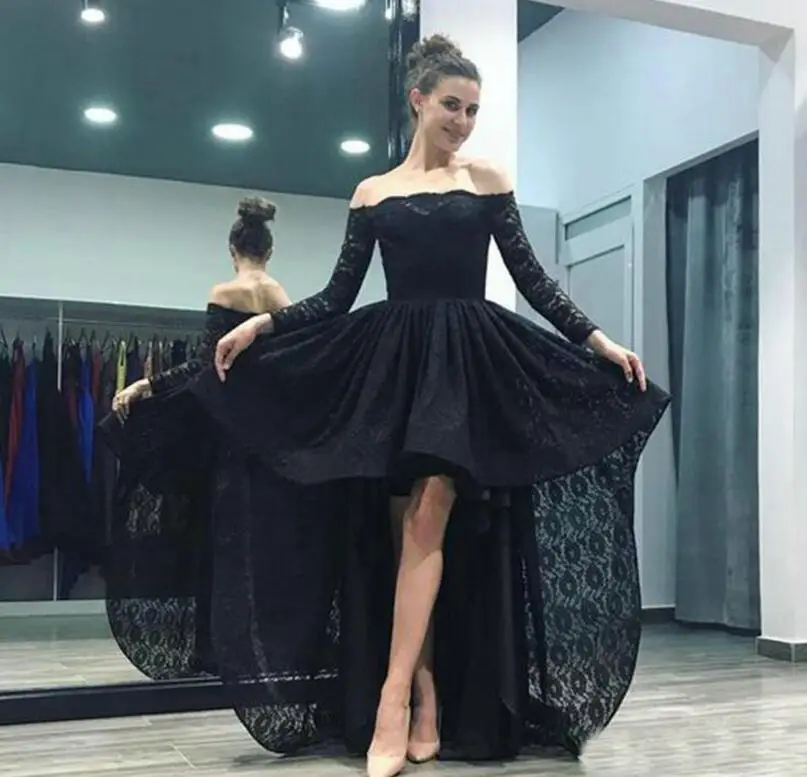 Cheap Lace High Low Evening Dress Off Shoulder Long Sleeves Formal Holiday Wear Prom Party Gown Custom Made Plus Size1