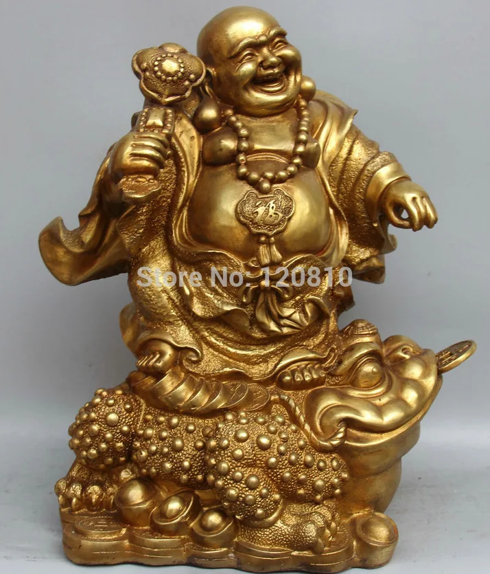 EE@@AA16 Chinese Brass Fu Happy Laugh Maitreya Buddha Ru Yi Statue Sculpture