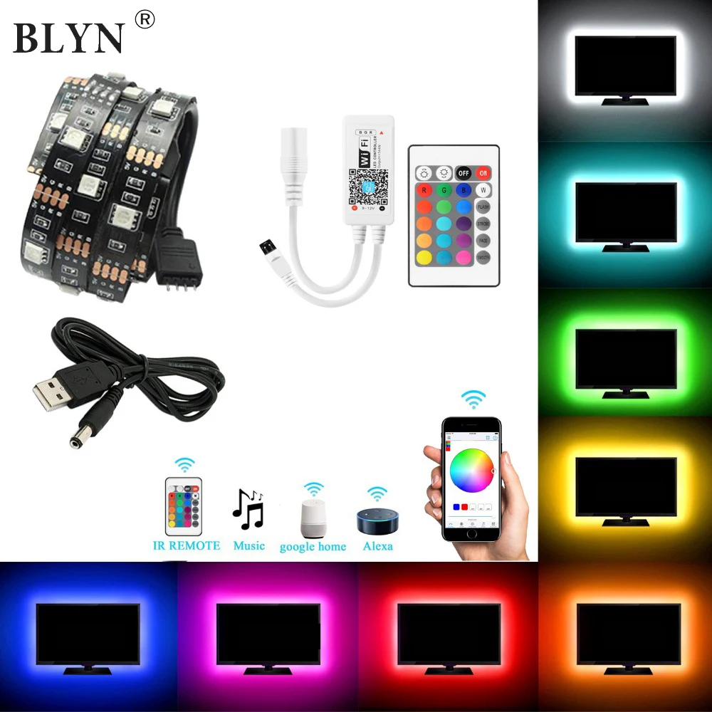 DC5V USB WIFI TV Light Computer Screen Back Bias Tape Light 2M 5050 RGB LED Strip Rope Black PCB Alexa Google Home music Control
DC5V USB WIFI TV Light Computer Screen Back Bias Tape Light 2M 5050 RGB LED Strip Rope Black PCB Alexa Google Home music Control
