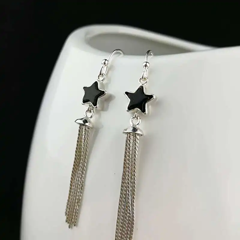 100%925 sterling silver black agate tassel earrings stars Korean pop free shipping | Украшения и аксессуары