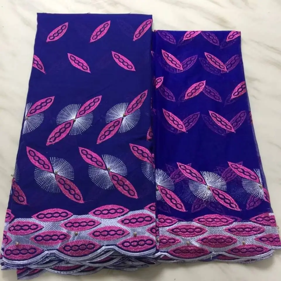 

5Yards/pc Beautiful royal blue african cotton fabric with fuchsia embroidery and 2yards french net lace set for dress BC18-7