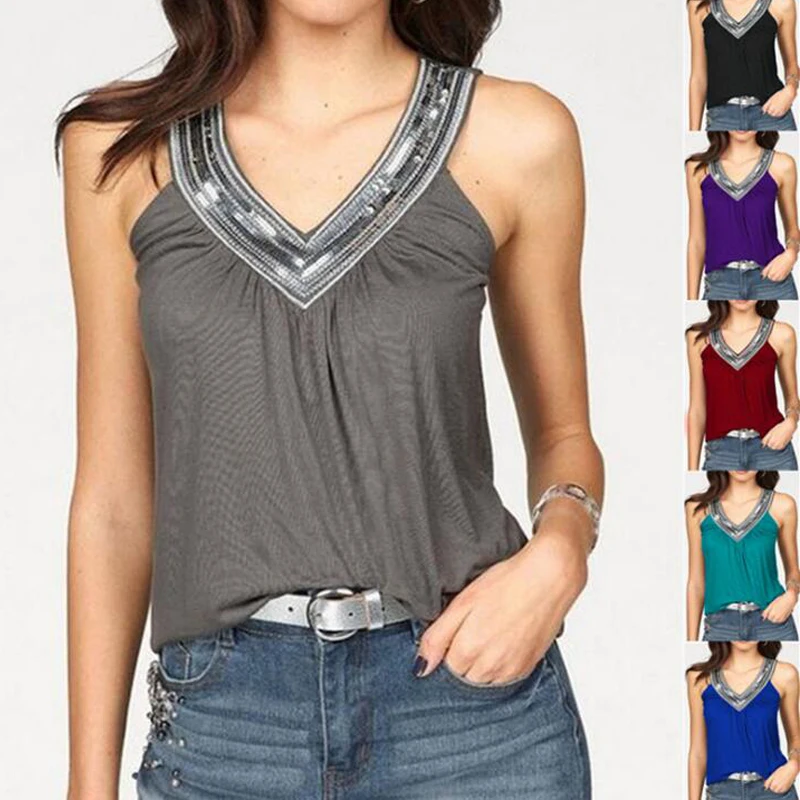 Women Tank Top Sequined V Neck Casual Tops Summer Beach Boho Streetwear Solid Sleeveless Shirt Plus Size 5XL Tank Tops
Women Tank Top Sequined V Neck Casual Tops Summer Beach Boho Streetwear Solid Sleeveless Shirt Plus Size 5XL Tank Tops