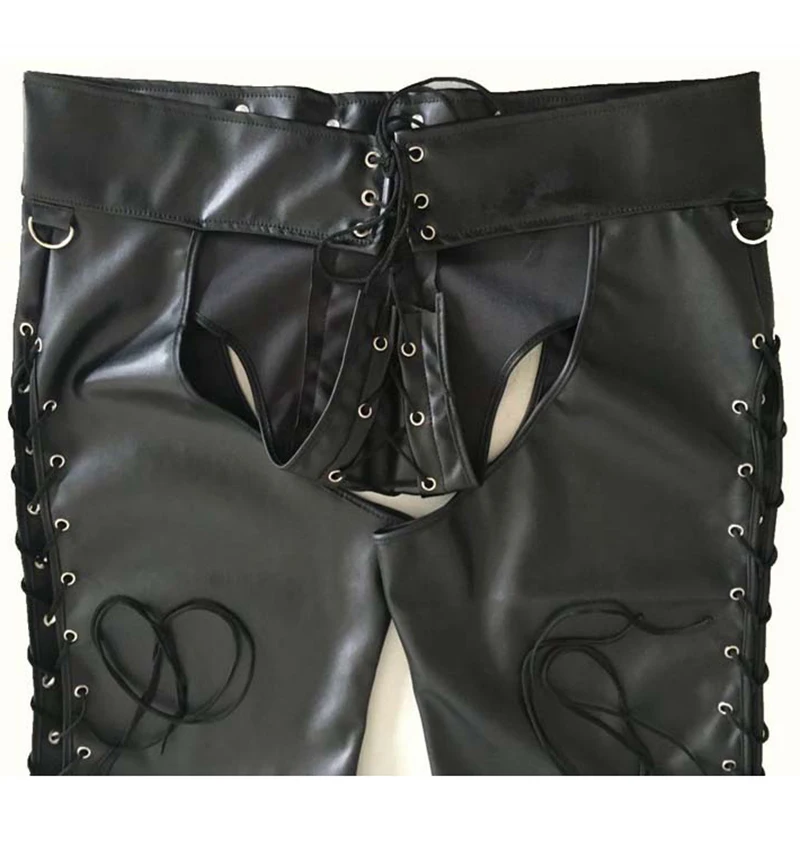 2019 Sexy Lingerie New Hot Black Mens Latex PVC Bondage Open Cortch Shorts Gothic Fetish Gay Men Faux Leather Lace Up Pants (4)