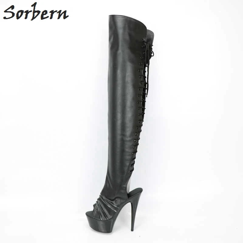 Sorbern Fashion Over The Knee Boots For Women Open Toe Lace Up Back Custom Leg White Boots Opening Of The Boot Women Wide Fit