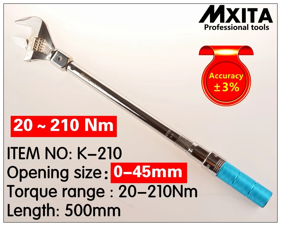 

MXITA OPEN Torque Wrench 20-210Nm accuracy 3% Insert Ended head 0-45mm Adjustable Torque Wrench Interchangeable Hand Spanner