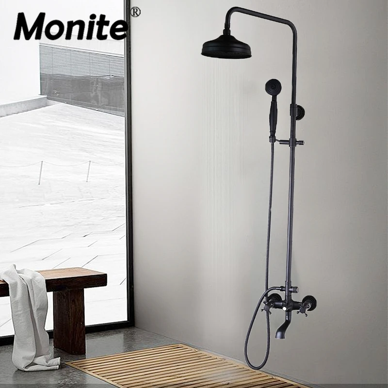 

Monite Black Wall Mount Rainfall 8 Inch Round Shower Head 3 Functions 2 Handles Bathroom Bathtub Shower Faucet Set Mixer Taps