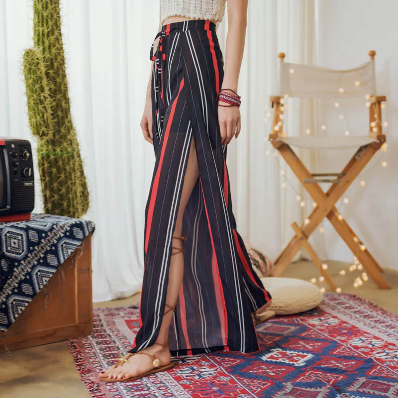 2018 summer new chiffon vertical stripes high waist wide leg pants high open fork sexy trousers Thailand wind beach pants
2018 summer new chiffon vertical stripes high waist wide leg pants high open fork sexy trousers Thailand wind beach pants