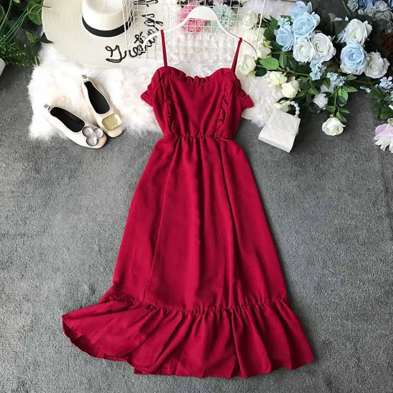 2019 Summer Women's Spaghetti Strap Dress Slim High Waist Ruffled A-line Beach Dresses Women Solid Vestidos
2019 Summer Women's Spaghetti Strap Dress Slim High Waist Ruffled A-line Beach Dresses Women Solid Vestidos