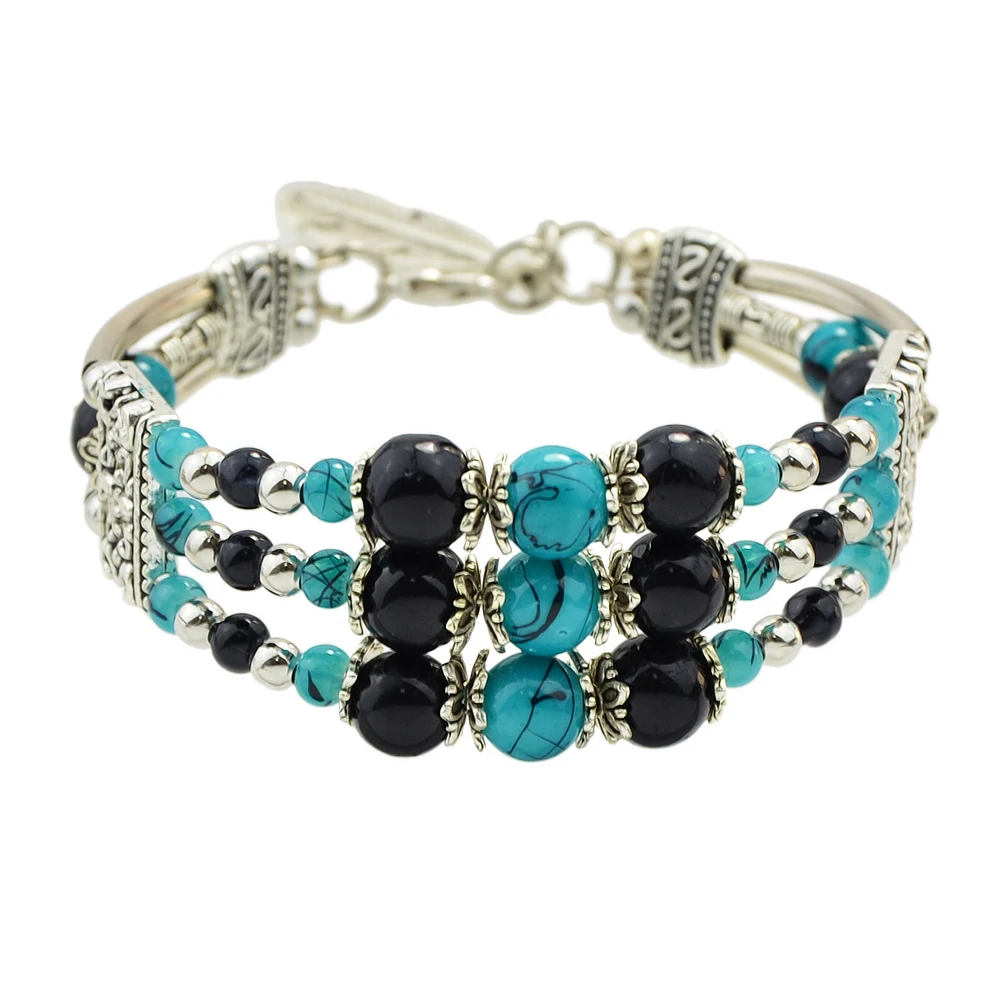 Fashion Women Bohemian Bracelets Antique Silver Color with Red Blue Black Beads Multi Layer Chain & Bangles | Украшения и