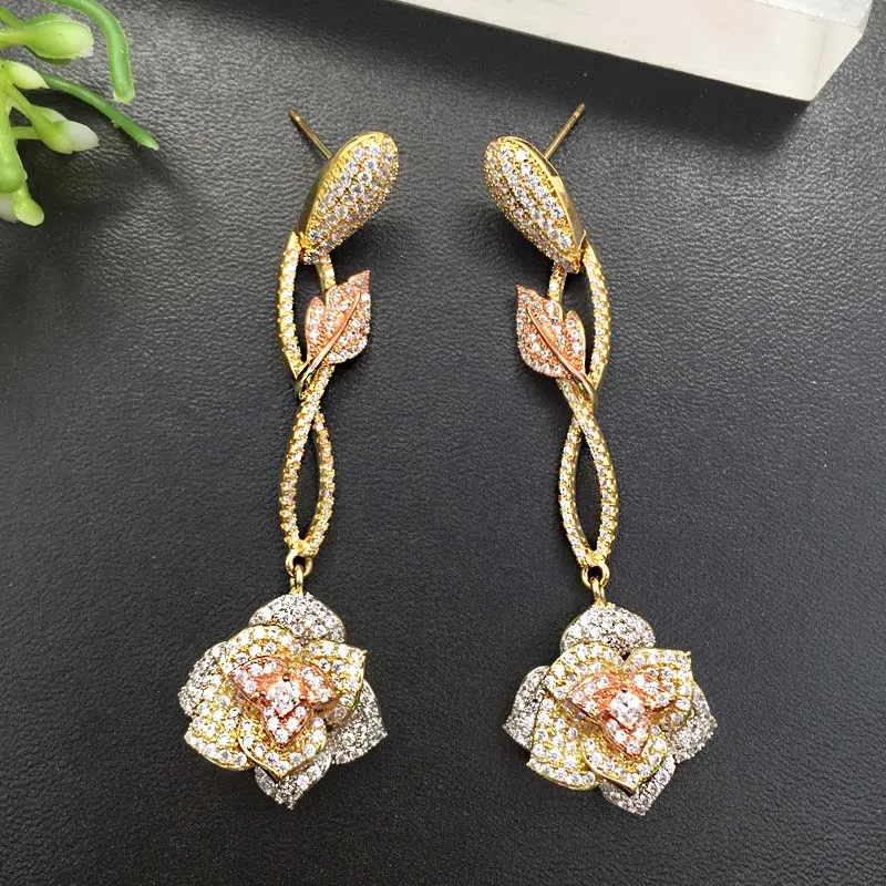Lanyika Fashion Jewelry Bridal Artistic Flower with Leaf Long Stereo Earrings Full Zircon Micro Plated Wedding Popular Best Gift
Lanyika Fashion Jewelry Bridal Artistic Flower with Leaf Long Stereo Earrings Full Zircon Micro Plated Wedding Popular Best Gift