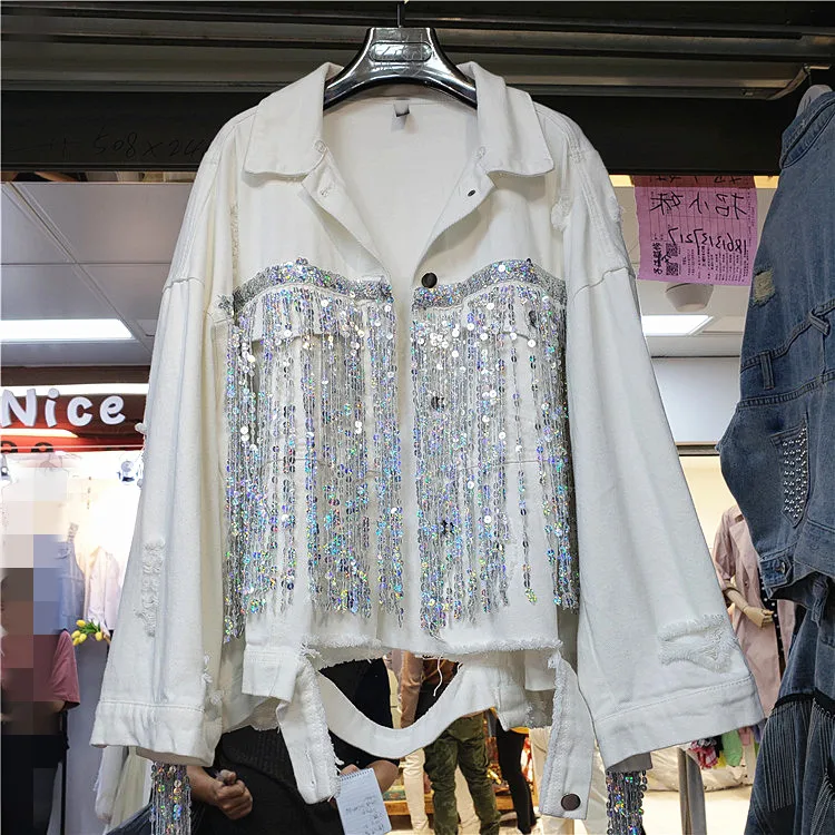 White Denim Jacket Women 2019 Spring Autumn New Heavy Tassel Sequin Cowboy Jacket Girl Ladies BF Wind Loose Jacket Coats
White Denim Jacket Women 2019 Spring Autumn New Heavy Tassel Sequin Cowboy Jacket Girl Ladies BF Wind Loose Jacket Coats