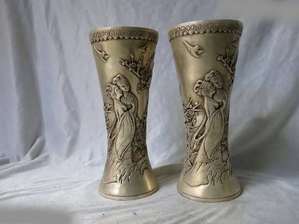 9" China silver carved plum blossom beautiful woman Vases pair Sculpture Statue