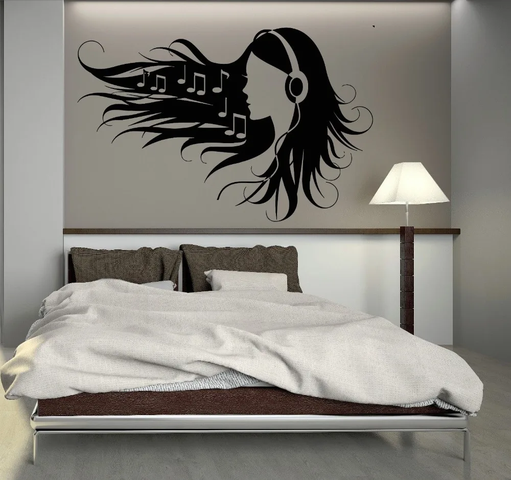 

Movable teen girl headphones modern pop music vinyl wall stickers Home Art Mural wall decals decorate the living room F-158