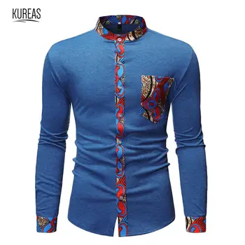 

Kureas African Clothes Men Dashiki Shirt Tribal Stand Collar Long Sleeve Blouse Patchwork Casual Ethnic Style Slim Fit