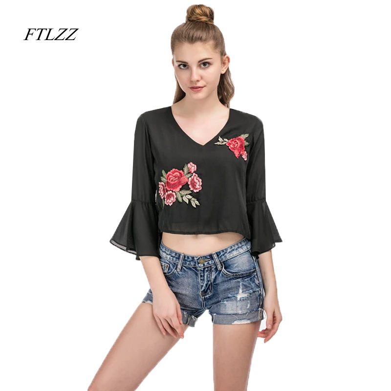 Ftlzz New Women Chiffon T Shirt Summer Floral Embroidery Flare Sleeve V Neck Clothing Plus Size Female Backless Short Tops | Женская