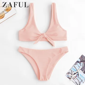 

ZAFUL Knot Textured Tank Bikini Set Scoop Neck Low Waisted Swimsuit Basic Women Summer Swimwear Padded Push Up Bathing Suit