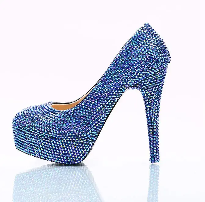 

Plus size 41 42 super high heel royal blue diamond crystal party wedding shoes woman HS106 platforms ladies bar banquet shoe