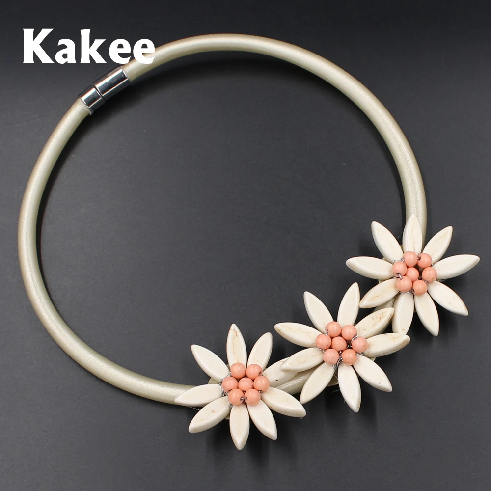 Kakee Stone Beads Handmade Rope Chain Turquoises Flower Choker Necklace for Women Maxi Collar Fashion Jewelry European Style | Украшения и