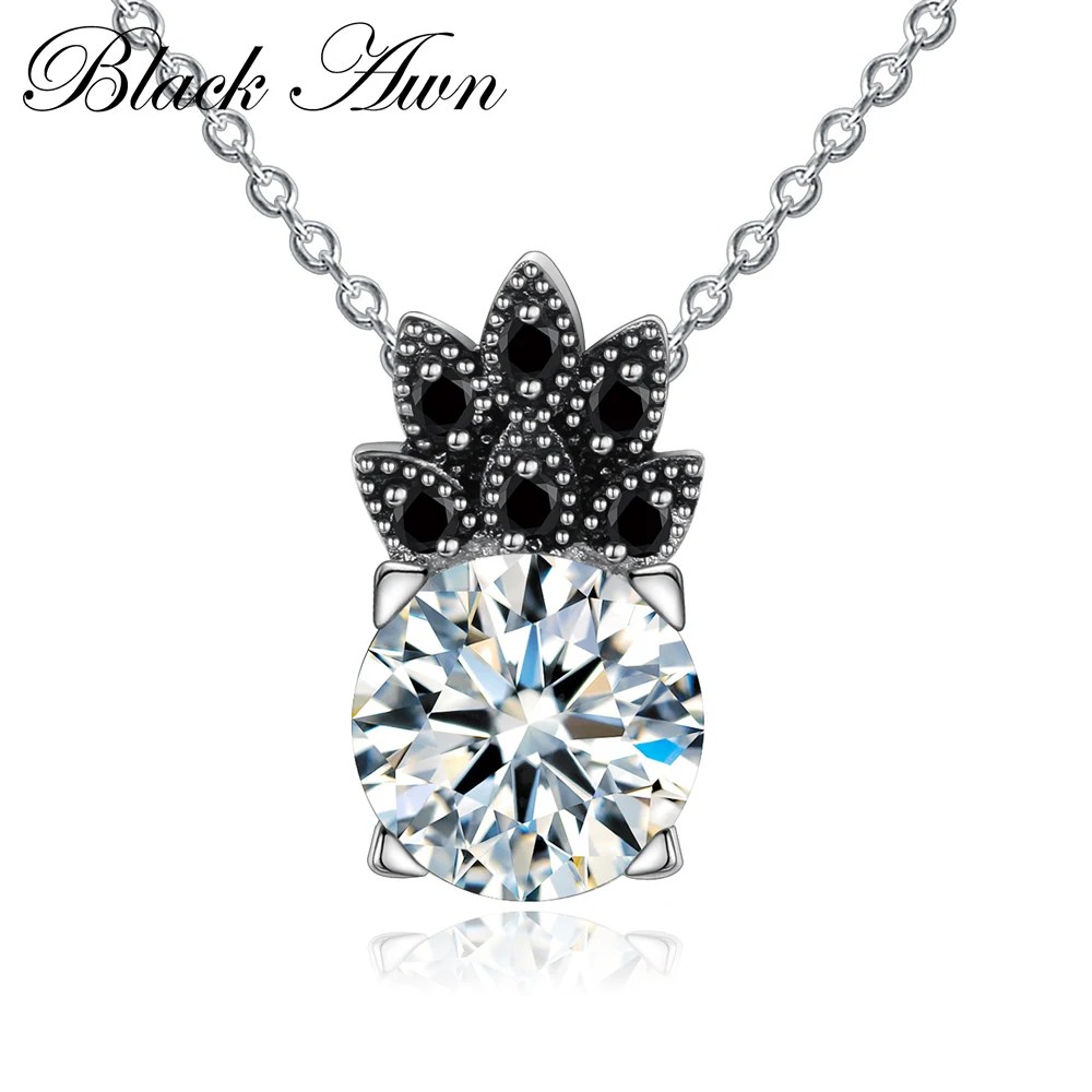 

[BLACK AWN] Silver Color Necklace for Women Pineapple Black Spinel Necklaces Pendants Fashion Jewelry P154