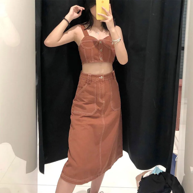 2-piece Set Summer Women Sling Solid Shirt + Long Cowboy A-Line Skirt Women Summer Vintage Button Short Tops
2-piece Set Summer Women Sling Solid Shirt + Long Cowboy A-Line Skirt Women Summer Vintage Button Short Tops
