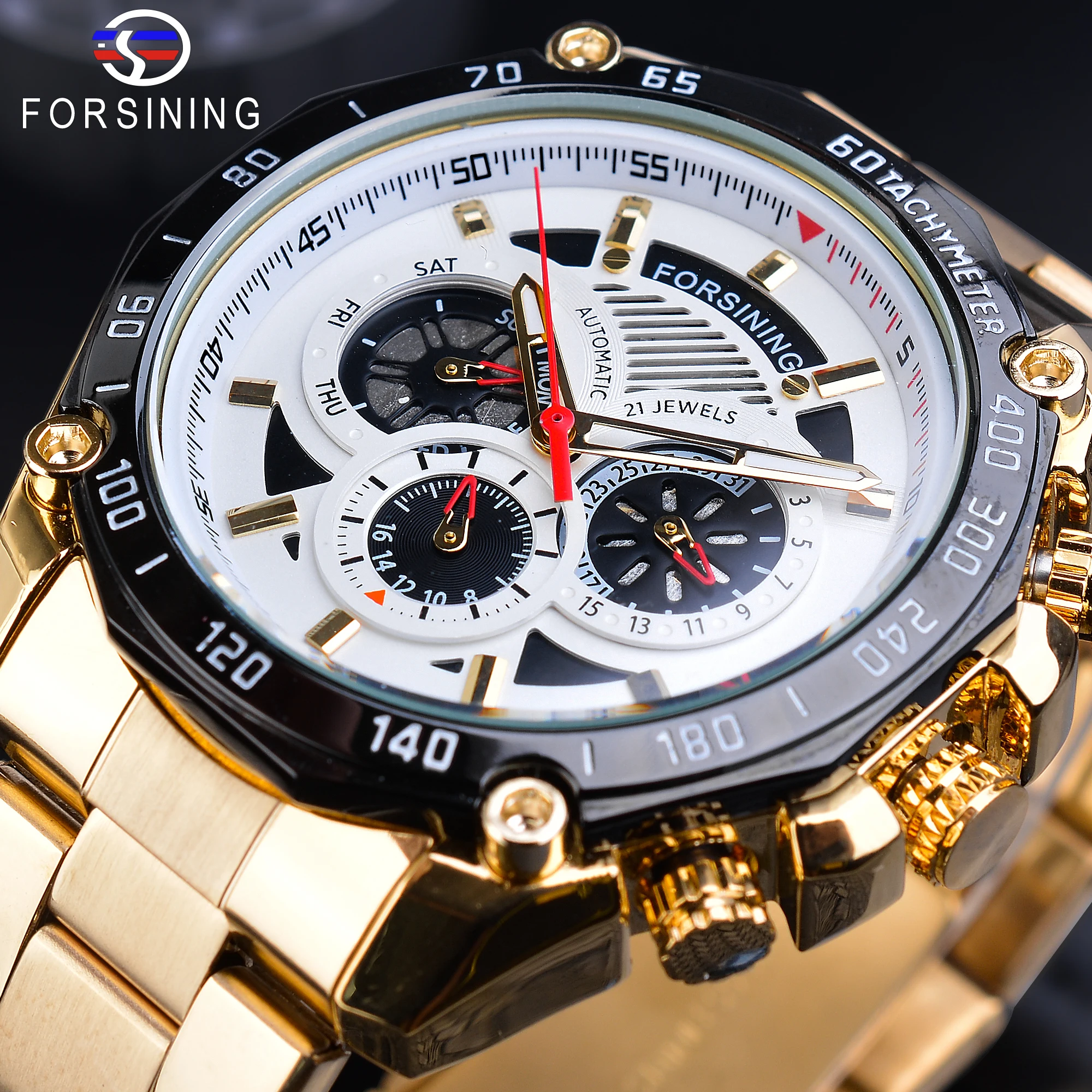 Forsining Luxury Mens Golden Watches Automatic Multifunction Waterproof Date Calendar Sports Steel Strap Mechanical Wrist Watch
Forsining Luxury Mens Golden Watches Automatic Multifunction Waterproof Date Calendar Sports Steel Strap Mechanical Wrist Watch
