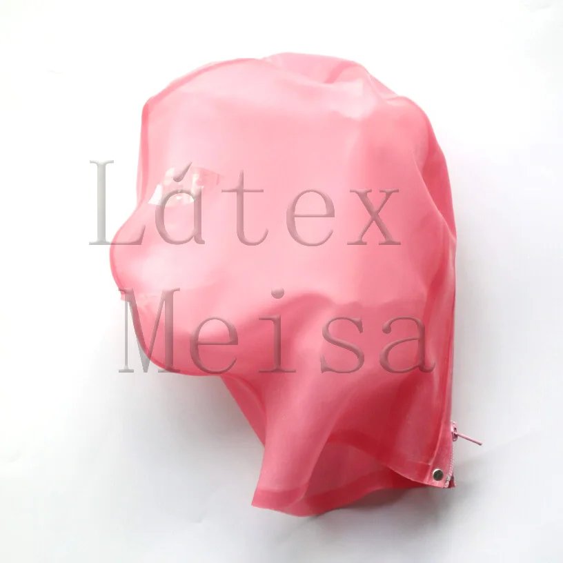 Handmade rubber masks adults latex hoods in transparent pink color with back zip
Handmade rubber masks adults latex hoods in transparent pink color with back zip