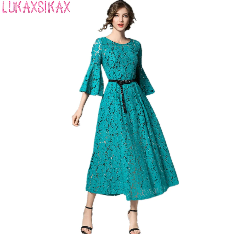 2017 New Spring Summer Women Dress Fashion Speaker Sleeve Retro Peacock Blue Lace Runway Dress Elegant Long Party Dresses
2017 New Spring Summer Women Dress Fashion Speaker Sleeve Retro Peacock Blue Lace Runway Dress Elegant Long Party Dresses