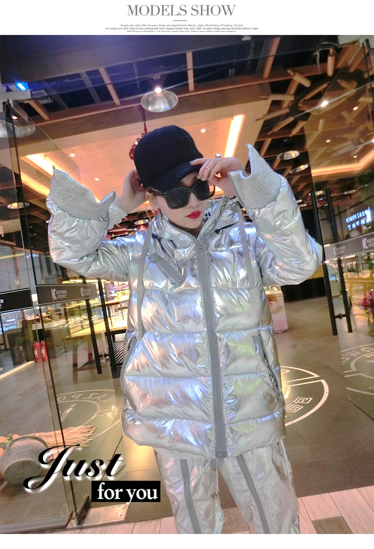 Women Winter Coat Silver Bright Loose Jackets Zipper Sleeve Korean Fashion Coats Hip-hop Cotton Hooded Winter Jacket 2018 CH621 (10)
