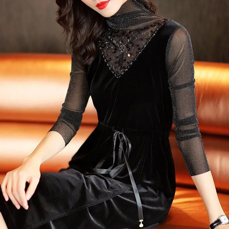 Spring Fall Fashion Women Beads Sequined Mesh Patchwork Glitter Velour Dress Womens Long Sleeve Turtleneck Black Velvet Dresses
Spring Fall Fashion Women Beads Sequined Mesh Patchwork Glitter Velour Dress Womens Long Sleeve Turtleneck Black Velvet Dresses
