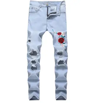 Men's Flower Embroidered Holes Jeans Fashion Hip Hop Straight Slim Destroyed Torn Ripped Denim Man Jeans Light Blue
Men's Flower Embroidered Holes Jeans Fashion Hip Hop Straight Slim Destroyed Torn Ripped Denim Man Jeans Light Blue