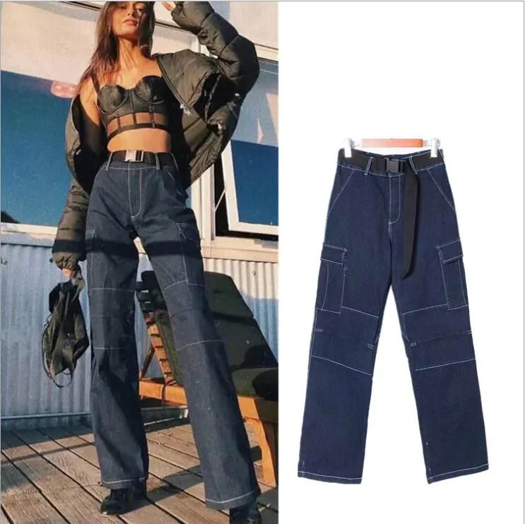 

High Waist Pockets Sashes Jeans Women 2019 Autumn Vintage Loose Casual Wide Leg Pants Denim Pants Washed Jeans Femme Pantalon