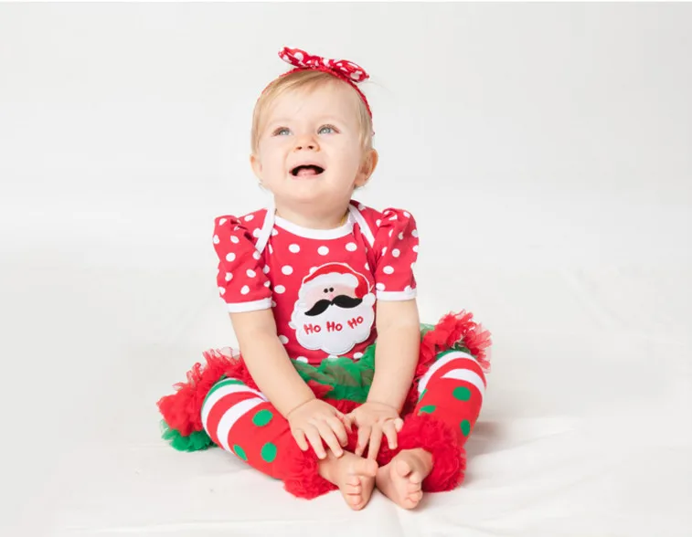 

Christmas Gifts Girl Baby Santa Claus Rompers Ruffle Dress Leg Warmers Dot Headband Clothing Set Newborn Costumes Bebe Outfits