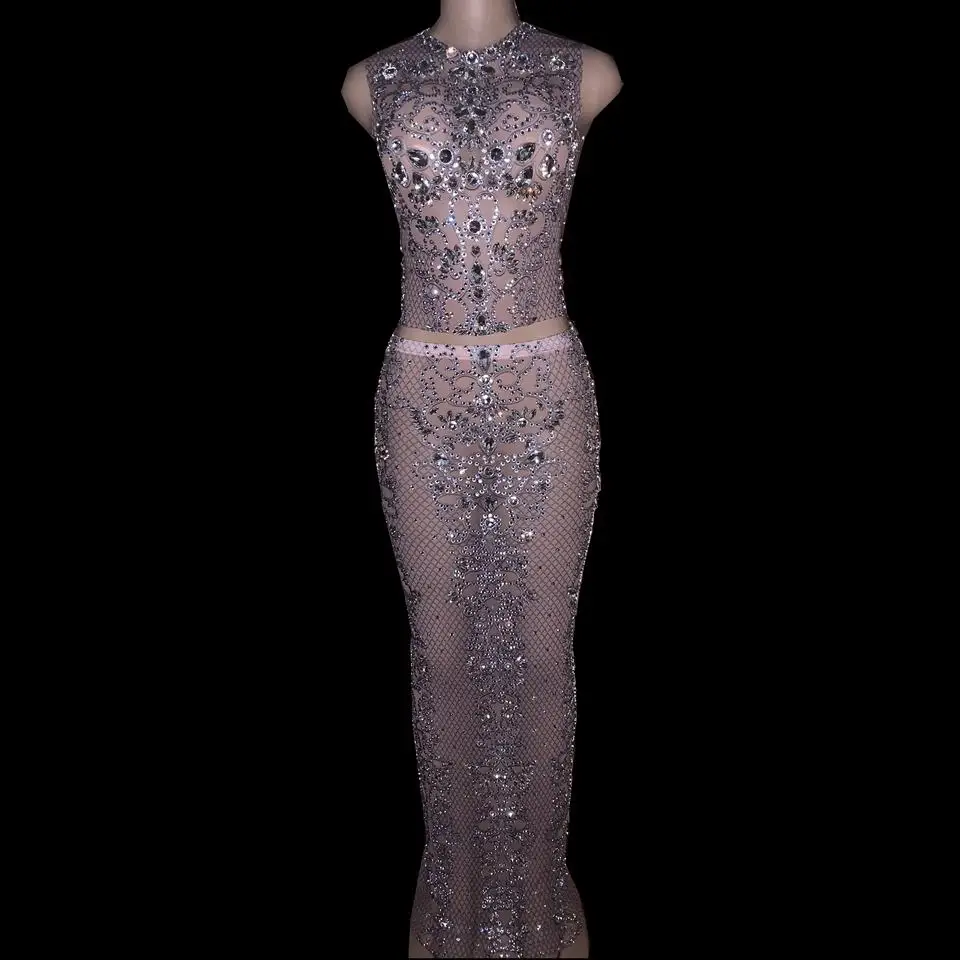 Sparkly Crystals Mesh Two Piece Set Top and Skirt Women Evening Party Rhinestones Dress Birthday Celebrate Outfit Stage Costume
Sparkly Crystals Mesh Two Piece Set Top and Skirt Women Evening Party Rhinestones Dress Birthday Celebrate Outfit Stage Costume