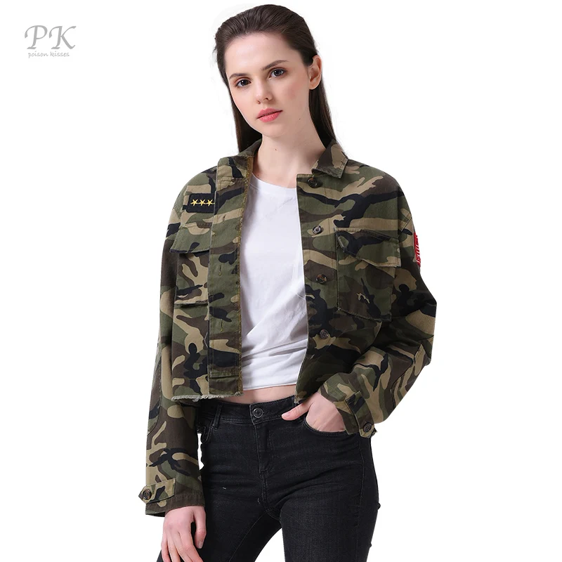 Image PK military jacket women fashion 2017 army green spring bomber jackets women set cami print jacket with washed effect patches