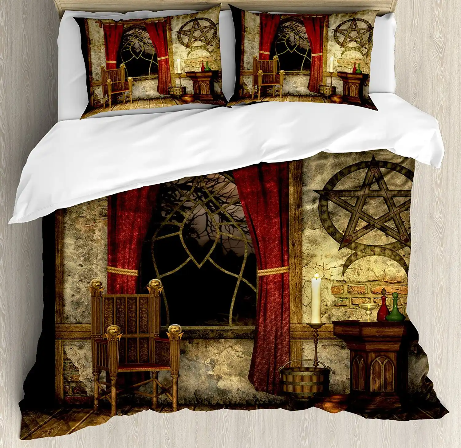 Gothic Duvet Cover Set Ancient Pentagram Symbol Red Curtains In